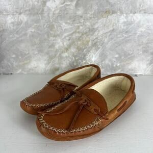 Orvis By Gokey Brown Leather Moccasin Style Slippers Men's 10 D Shearling Lined